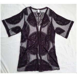 Black Boho Sheer Embroidered Lace Ruana Duster Kimono Cover-Up Size XXL-XXXL